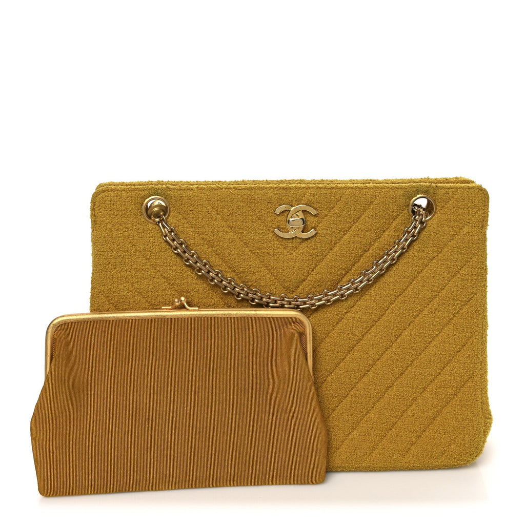 Tweed Chevron Bijoux Chain Shoulder Bag Yellow
