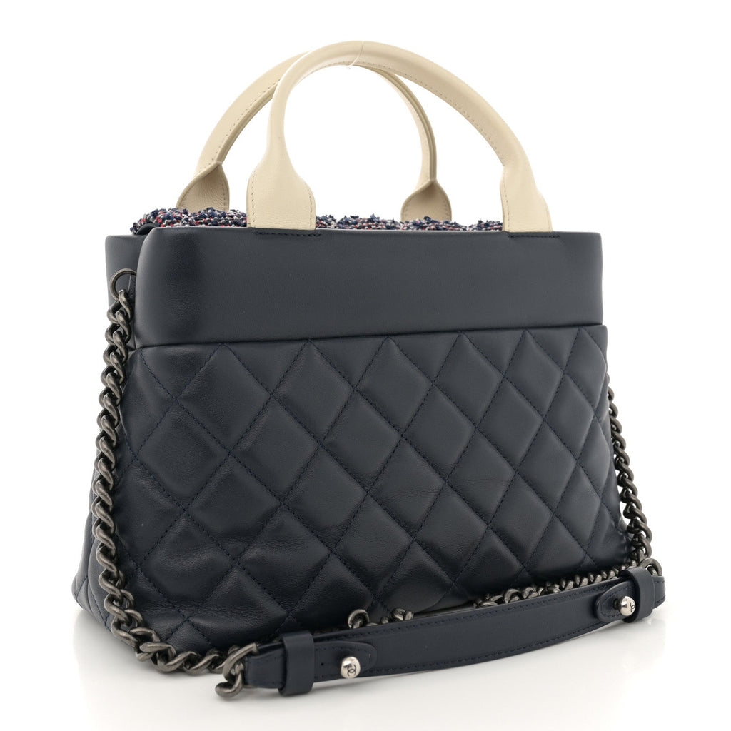 Calfskin Tweed Quilted Small Tote Navy Multicolor