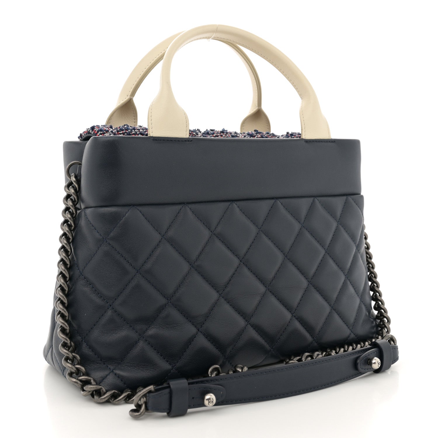 Calfskin Tweed Quilted Small Tote Navy Multicolor
