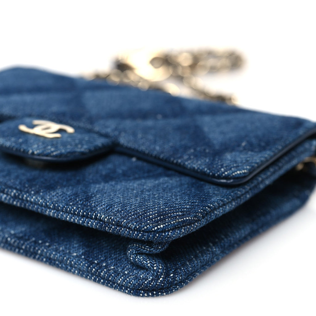 Printed Denim Quilted  Holder On Chain  Dark Blue