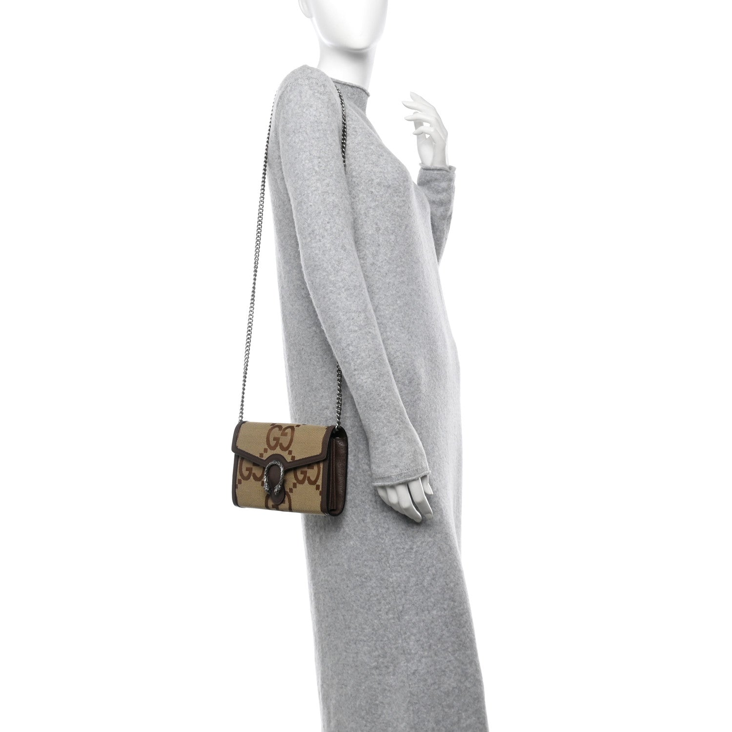 Monogram Jumbo GG Textured Dollar Calfskin Mini Dionysus Chain Wallet Camel Ebony New Acero