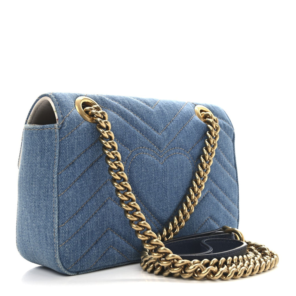 Denim Matelasse Mini Pearly GG Marmont Shoulder Bag Blue