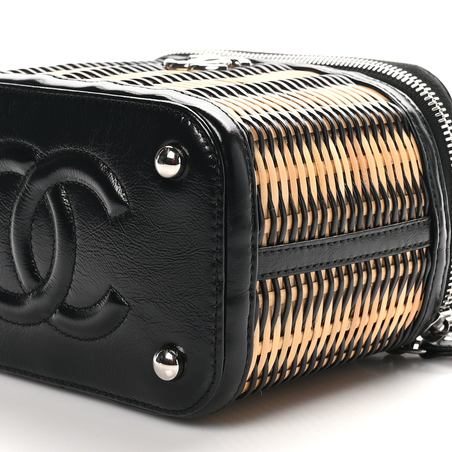 Calfskin Raffia Small Vanity Case Bag Black Beige