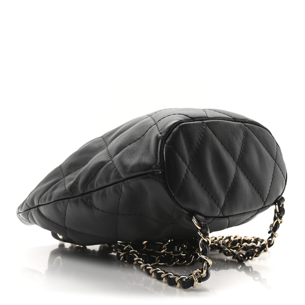 Shiny Lambskin Quilted Drawstring Backpack Black