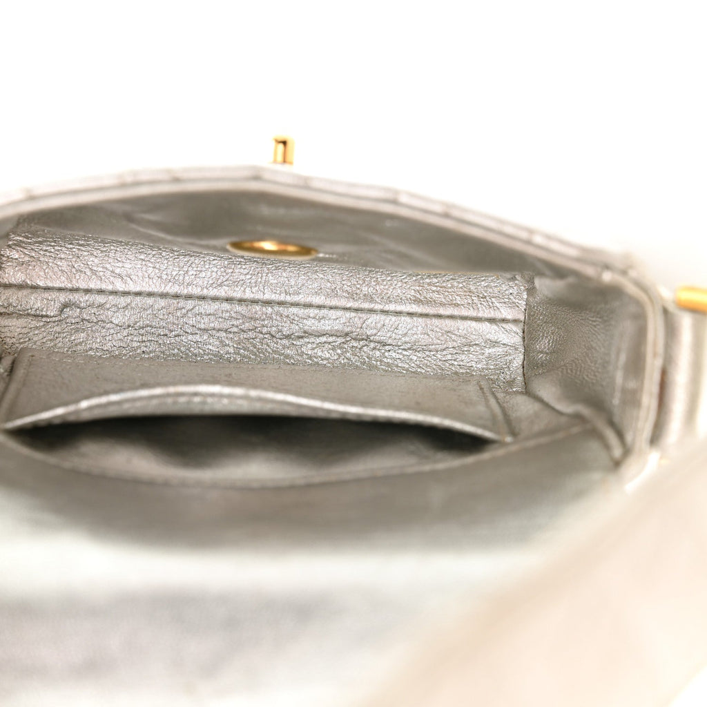 Metallic Goatskin Quilted Square Flap Shoulder Bag Silver