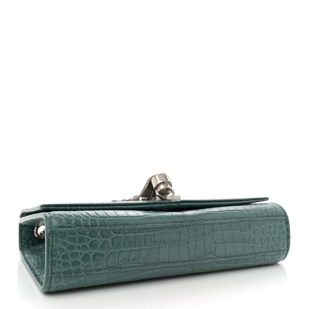 Calfskin Crocodile Embossed Small Classic Monogram Kate Tassel Satchel Water Green