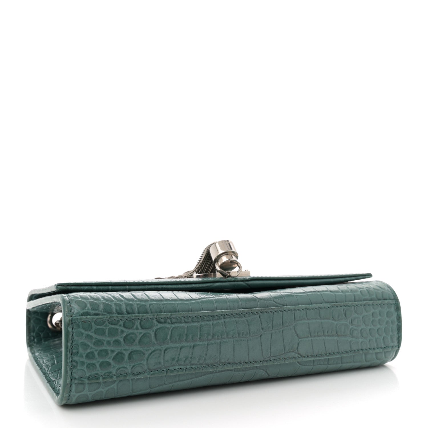 Calfskin Crocodile Embossed Small Classic Monogram Kate Tassel Satchel Water Green