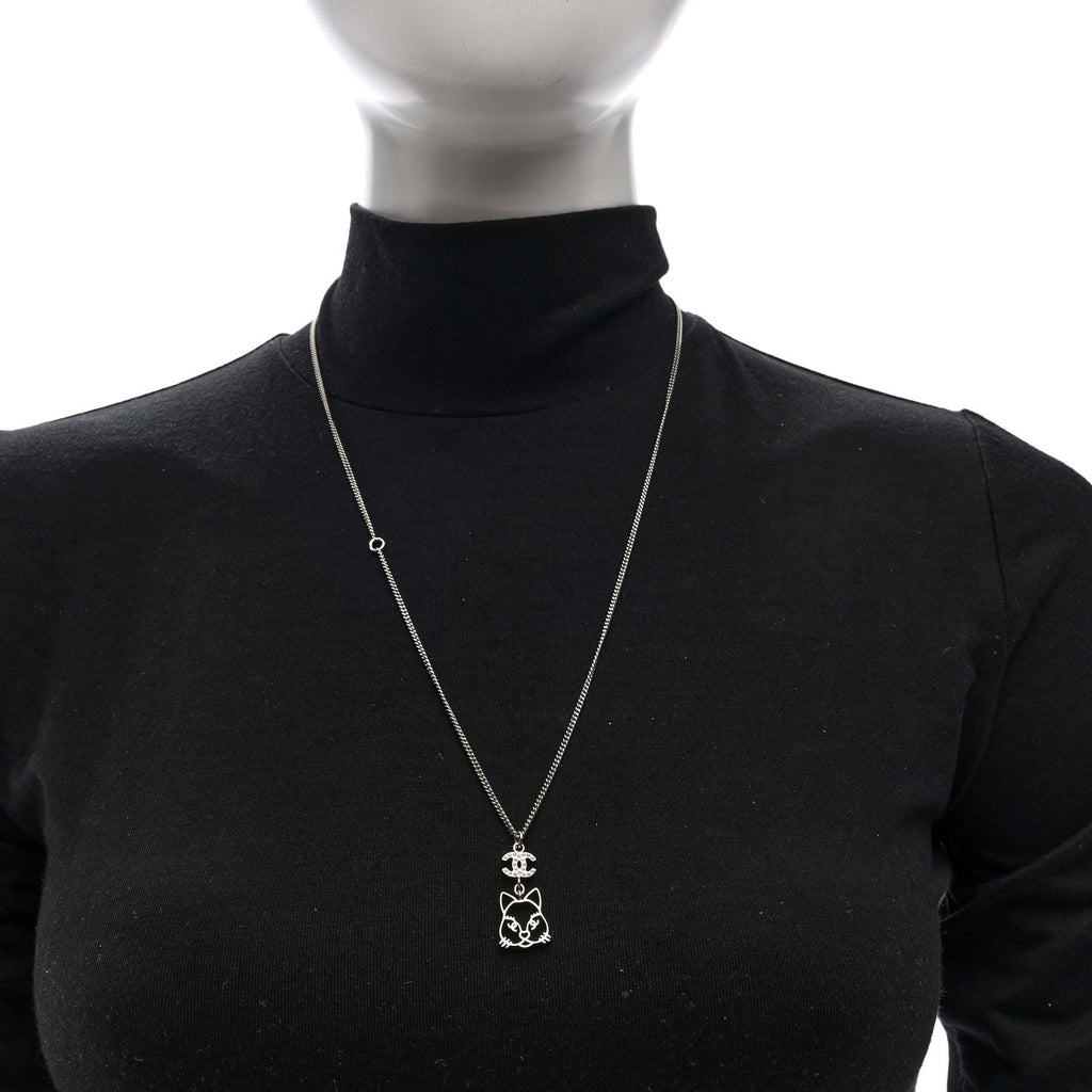 Crystal Emoji Choupette Cat Pendant Necklace Silver