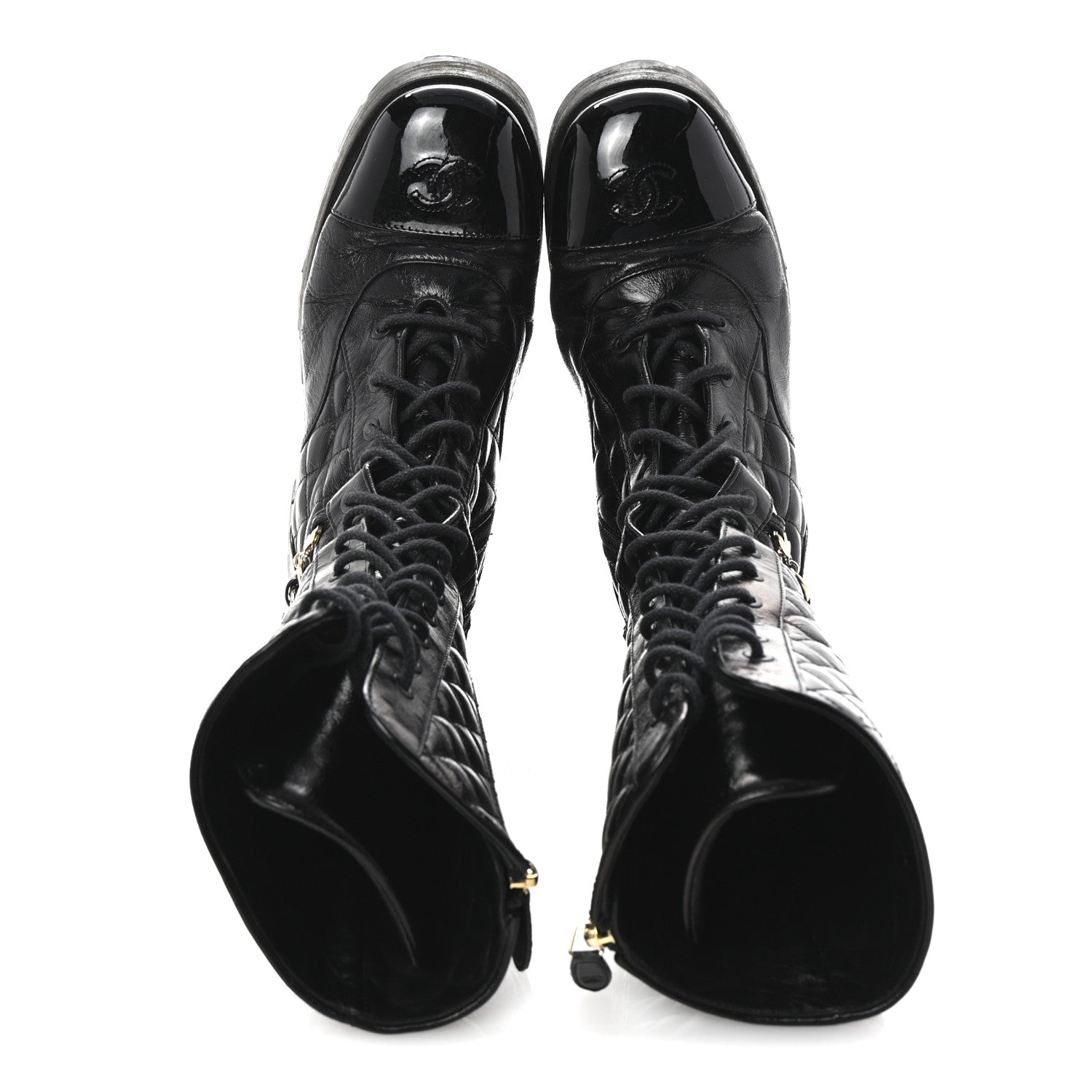 Shiny Calfskin Patent Quilted Chain Lace Up Combat Long Boots 38.5 Black