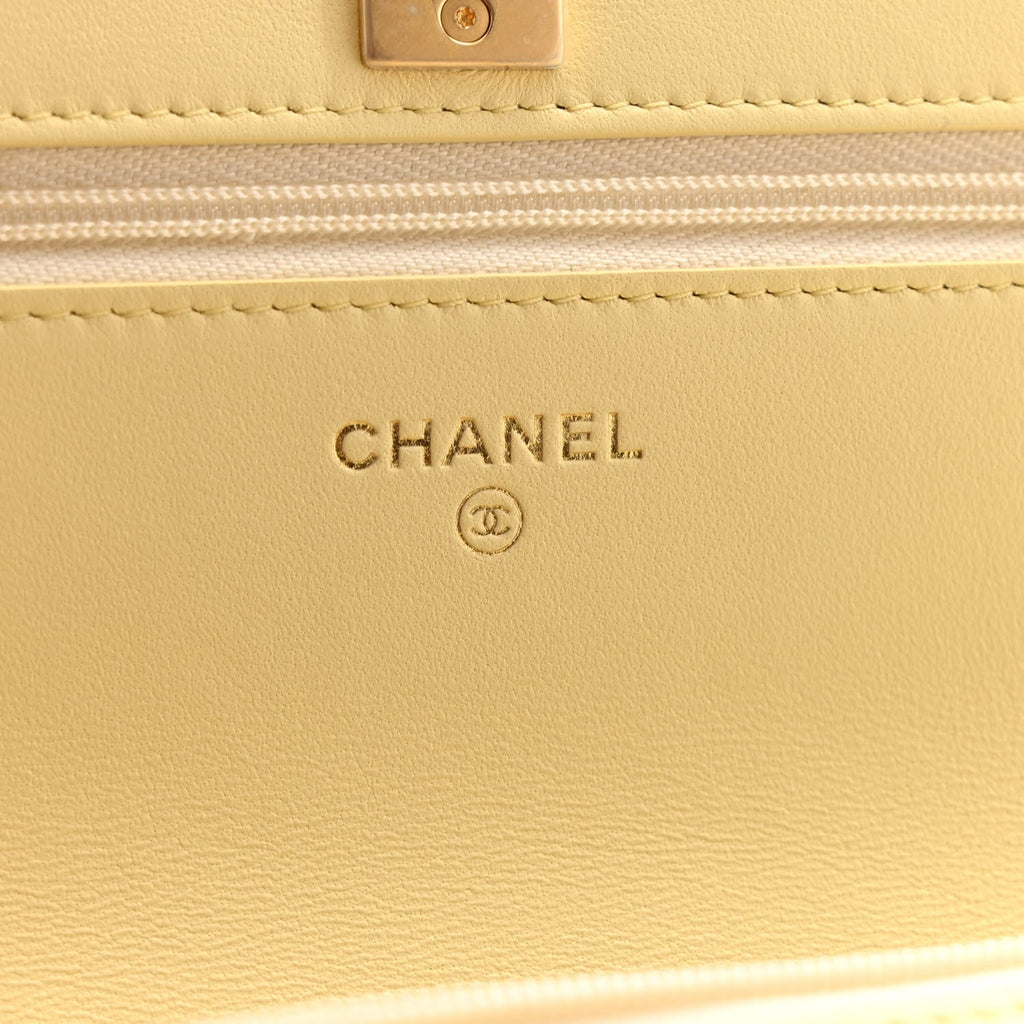 Lambskin Quilted Sweet Camellia Wallet on Chain WOC Light Yellow
