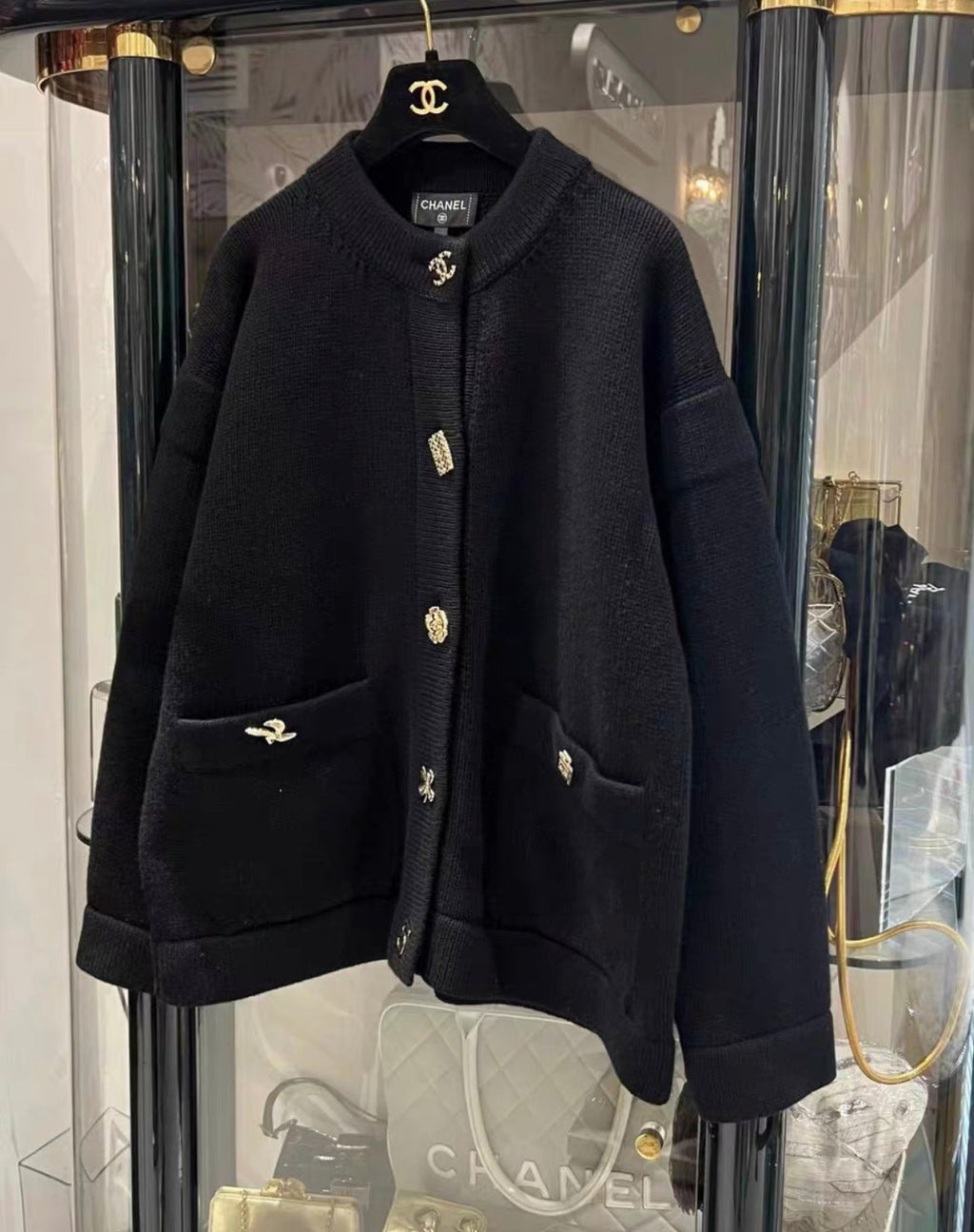 Chanel 22B multi-element cashmere igan, black with light gold metal buttons