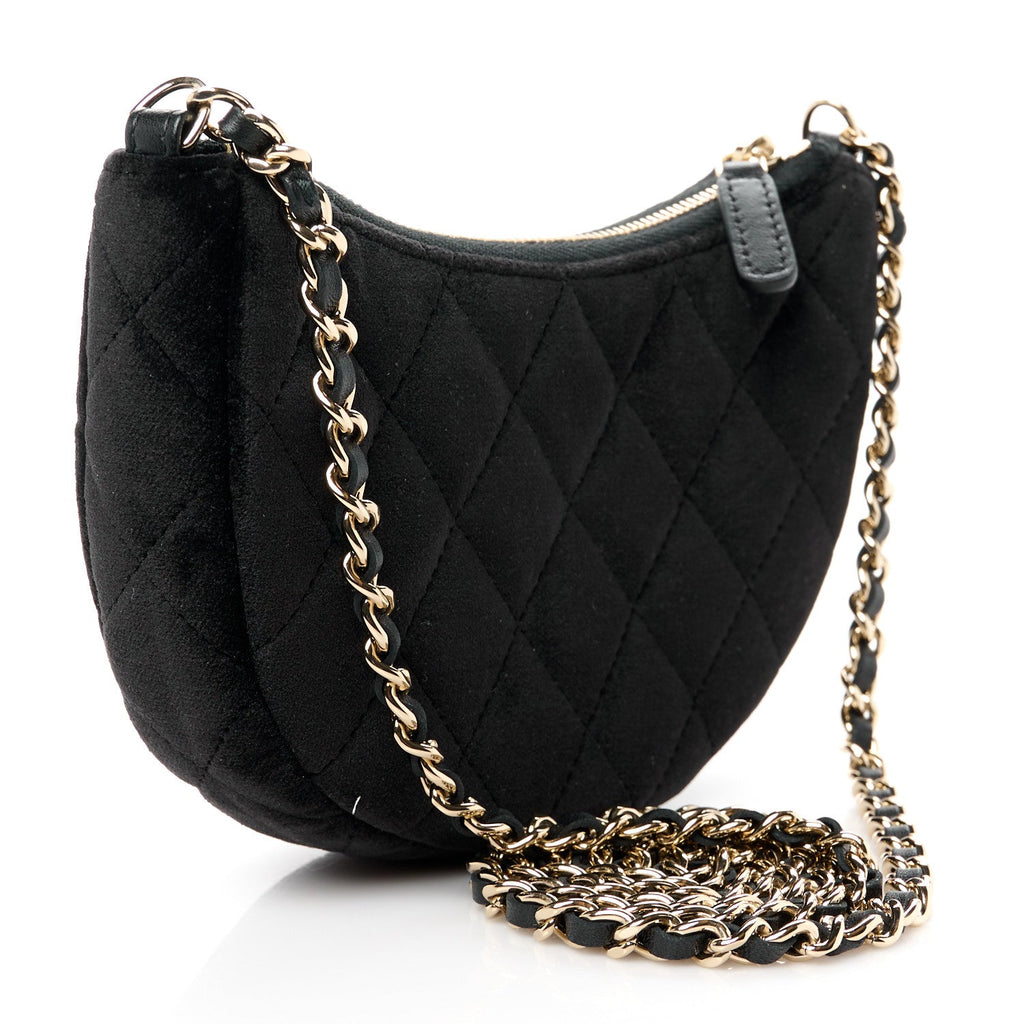 Velvet Crystal Quilted Chain Hobo Black