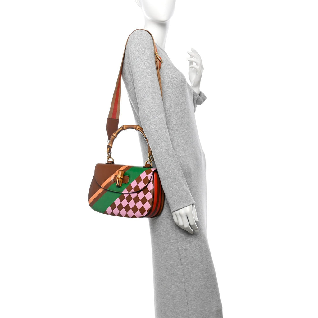Calfskin Geometric Print Medium Bamboo 1947 Top Handle Bag Brown