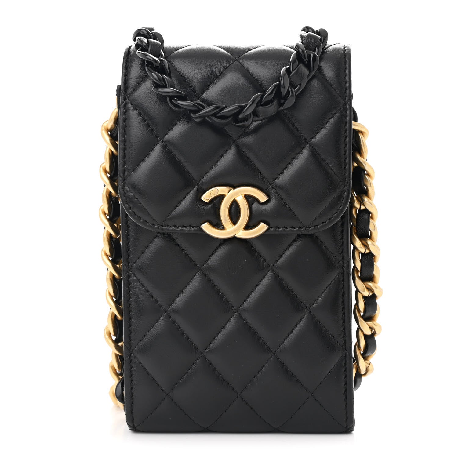 Lambskin Quilted Lacquered Chain Phone Holder With Chain Black