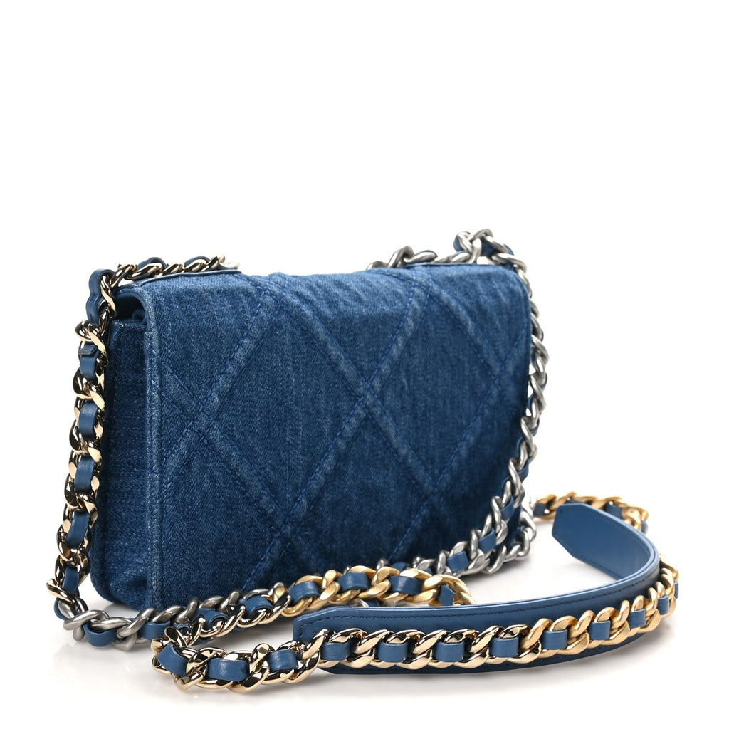 Denim Quilted Chanel 19 Wallet On Chain WOC Blue