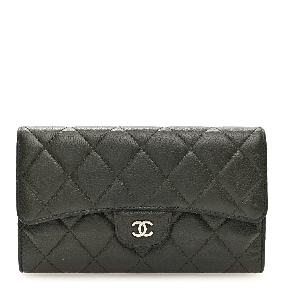 Caviar Quilted Large Flap Wallet Dark Green