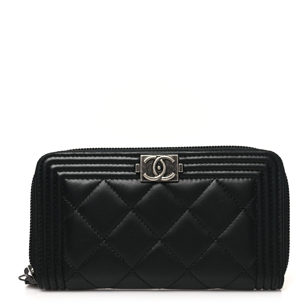 Lambskin Quilted Small Boy Zip Around Wallet Black