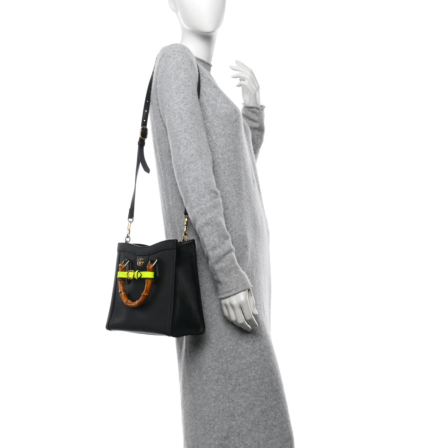 Calfskin Small Diana Tote Bag Black Yellow Fluo