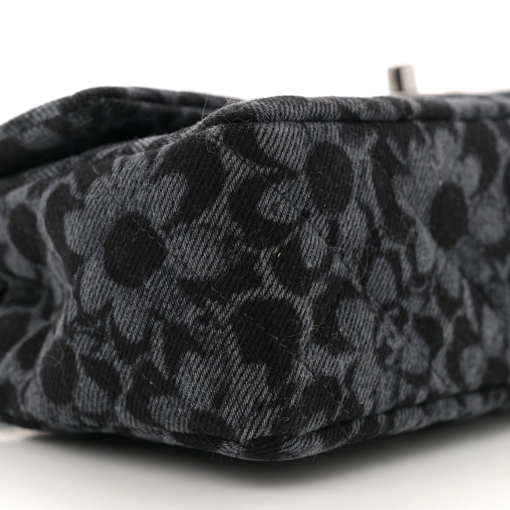 Printed Denim Quilted Flower Mini Rectangular Flap Black