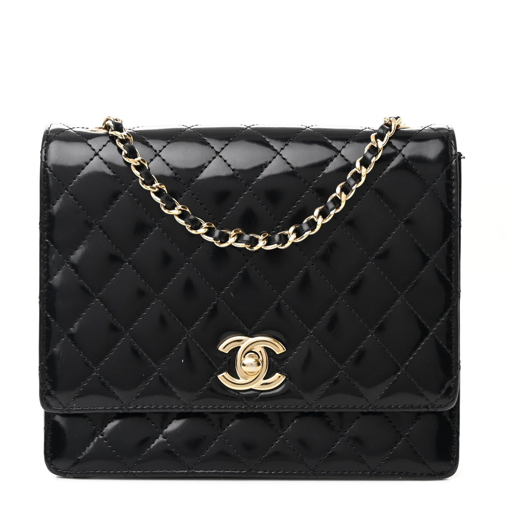 Patent Calfskin Quilted Mini Square Flap Black
