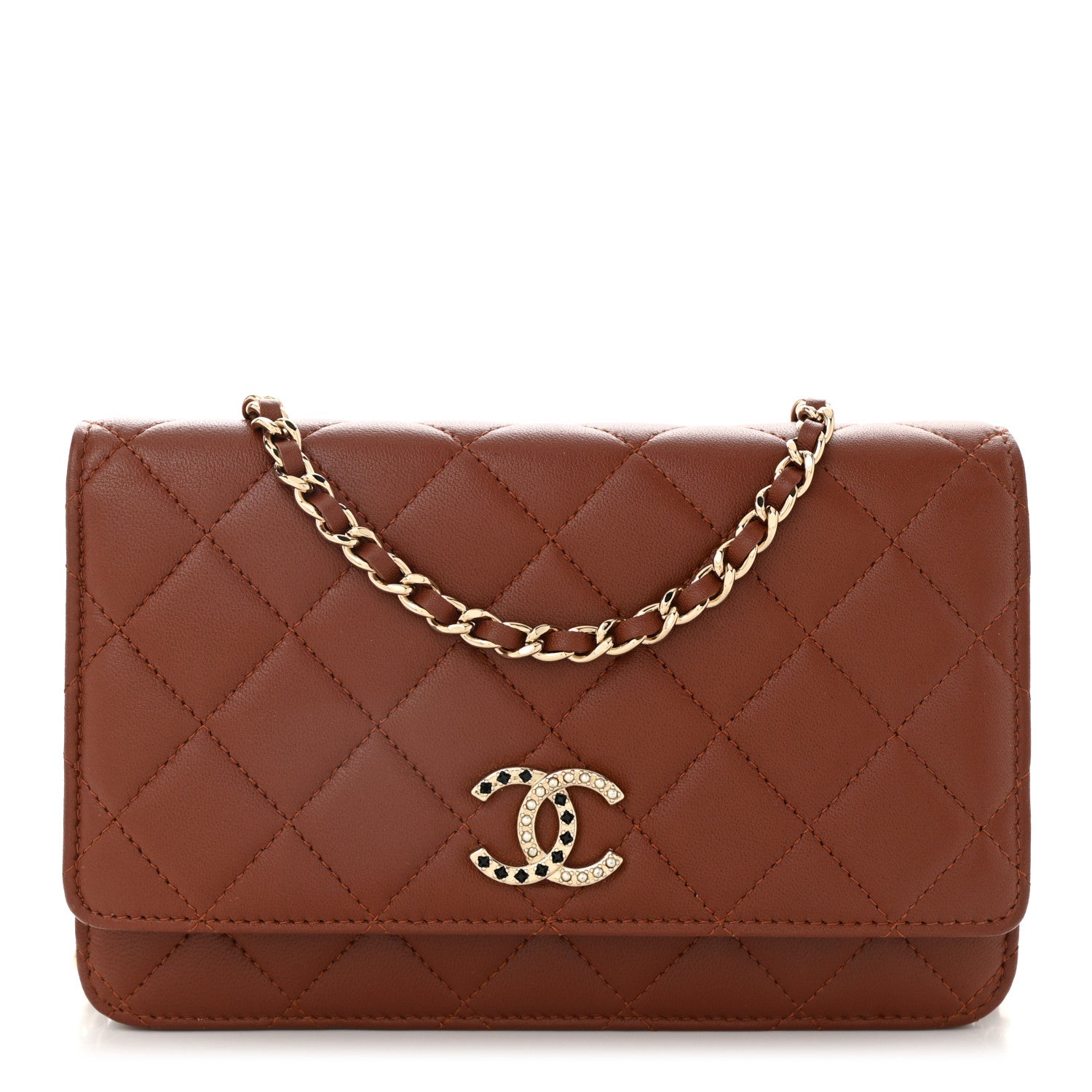 Lambskin Quilted Crystal Pearl CC Wallet On Chain WOC  Brown