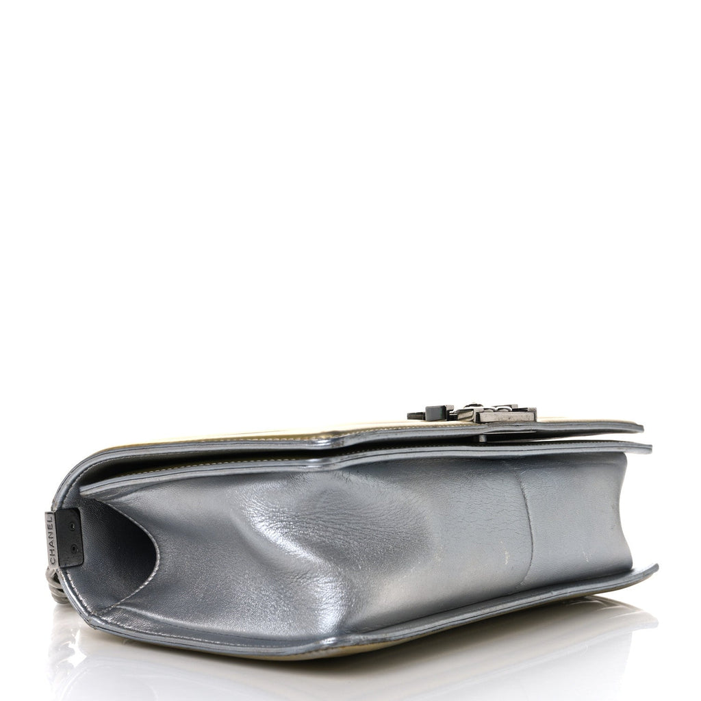 Metallic Patent Calfskin Quilted Medium Boy Flap Silver