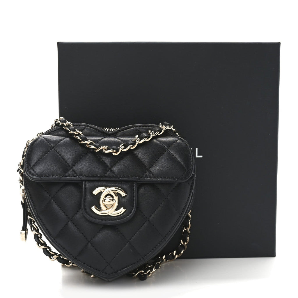 Lambskin Quilted CC In Love Heart Waist Belt Bag With Chain Black