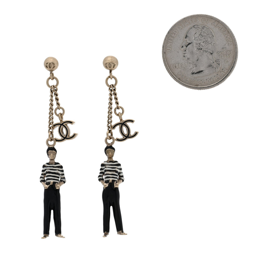 Crystal Enamel CC Doll Drop Earrings White Black Gold
