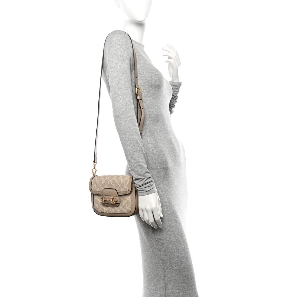 GG Supreme Monogram Textured Dollar Calfskin Web Mini Horsebit 1955 Shoulder Bag Beige Mystic White Oatmeal