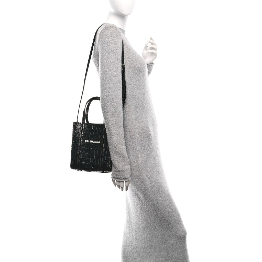 Shiny Calfskin Logo Crocodile Embossed XXS Everyday Tote Black
