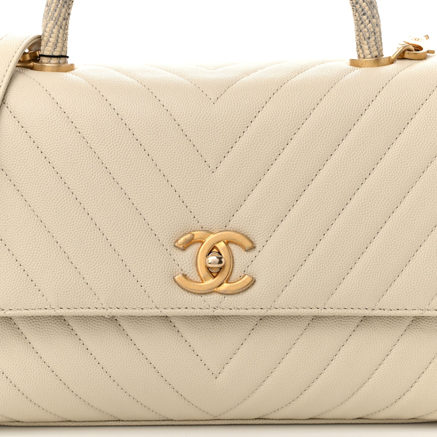 Caviar Lizard Chevron Quilted Small Coco Handle Flap Ivory