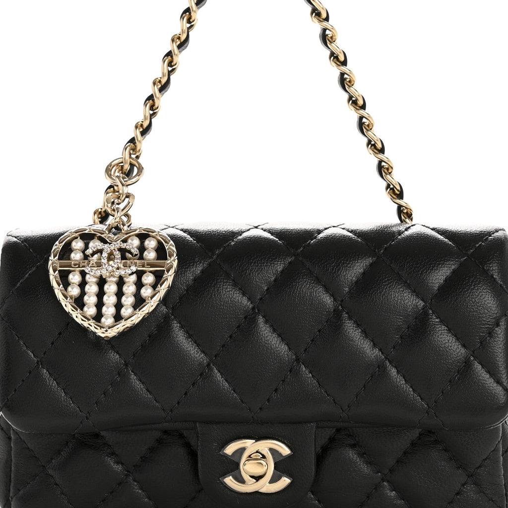 Lambskin Quilted Mini Double Flap With Hook Black