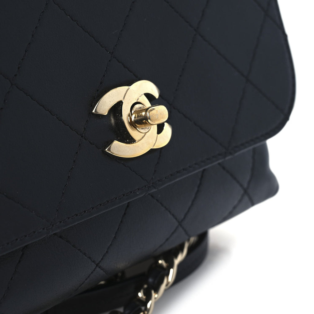 Calfskin Quilted Small Double Pocket Top Handle Flap Black