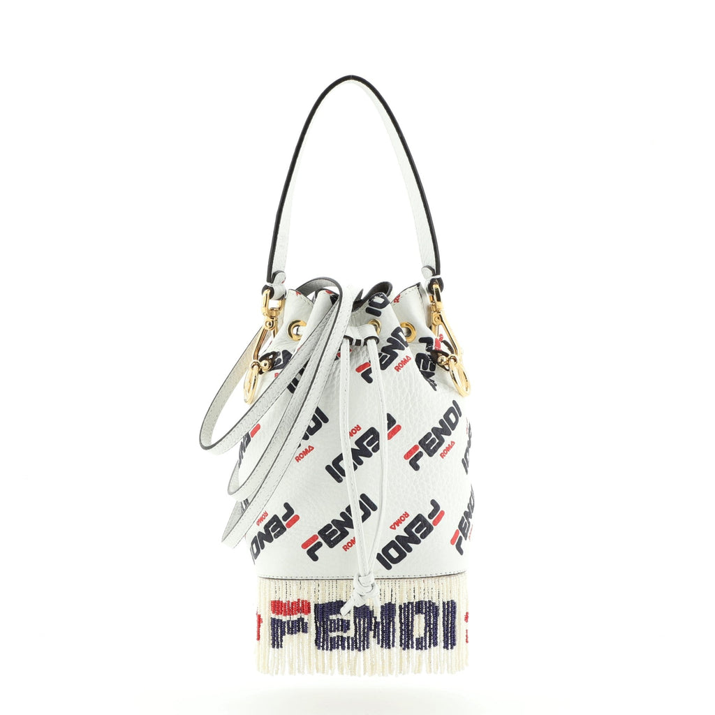 Mania Logo Mon Tresor Bucket Bag Printed Leather with Beaded Fringe Mini