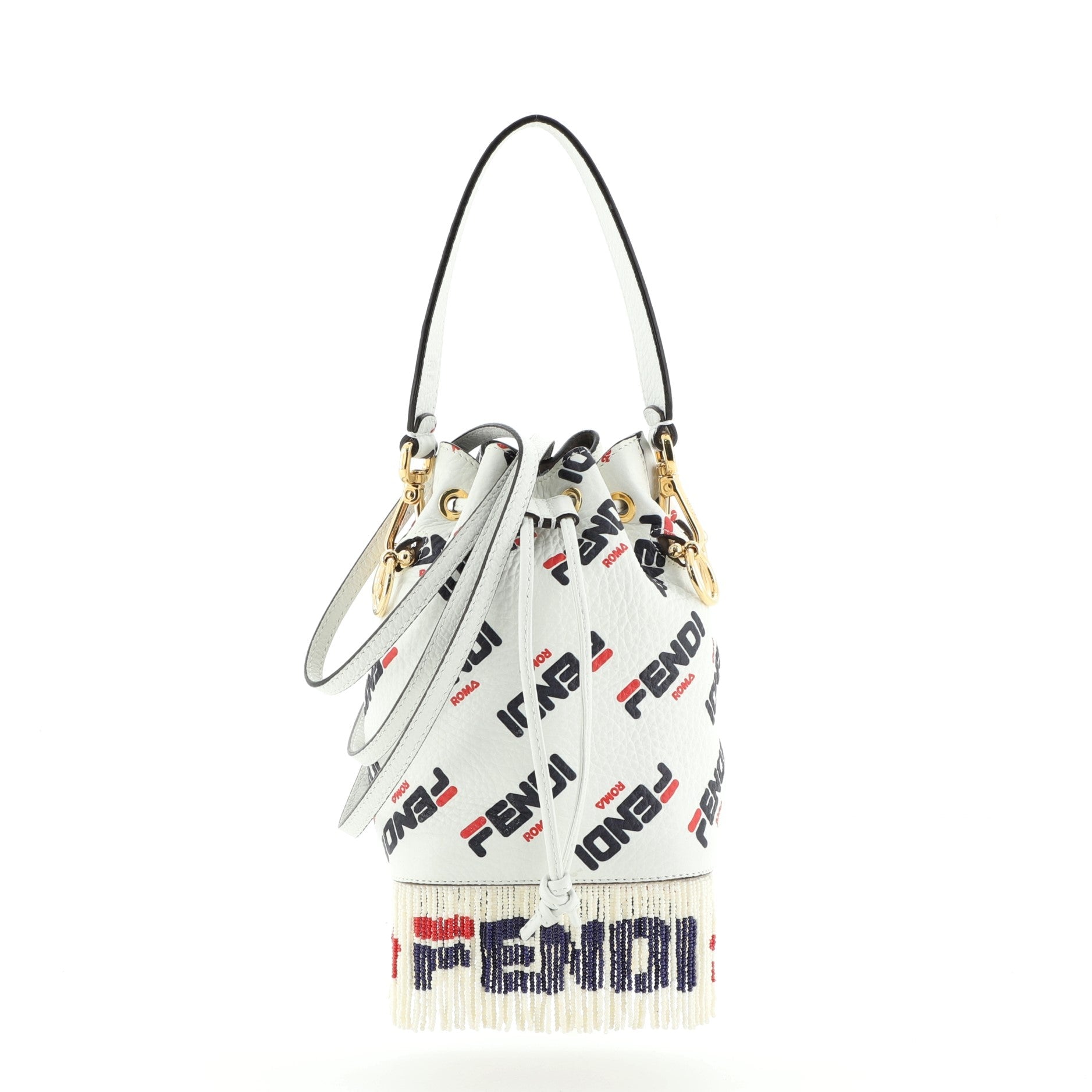 Mania Logo Mon Tresor Bucket Bag Printed Leather with Beaded Fringe Mini