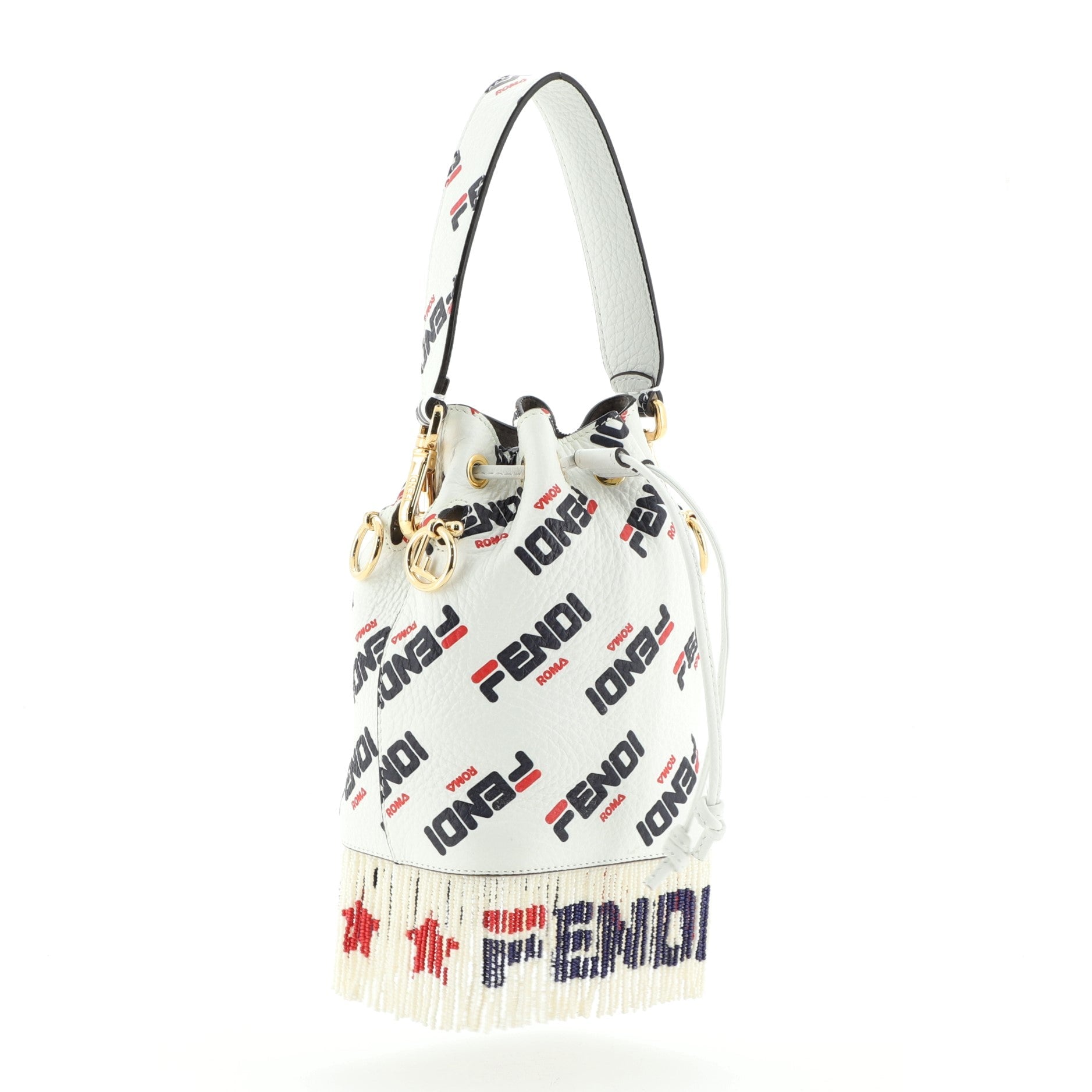 Mania Logo Mon Tresor Bucket Bag Printed Leather with Beaded Fringe Mini