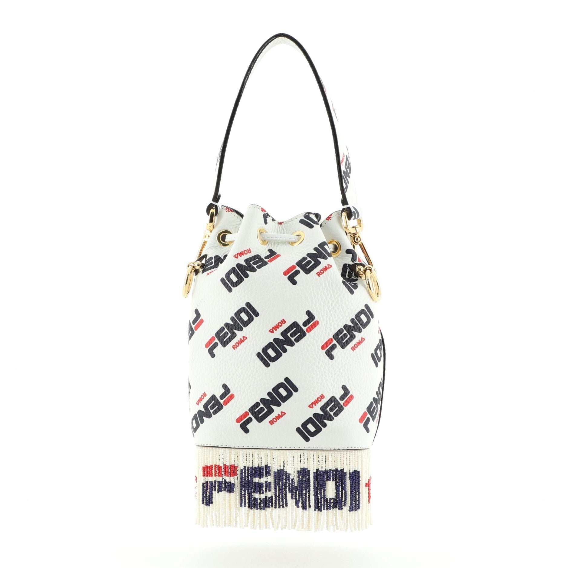 Mania Logo Mon Tresor Bucket Bag Printed Leather with Beaded Fringe Mini