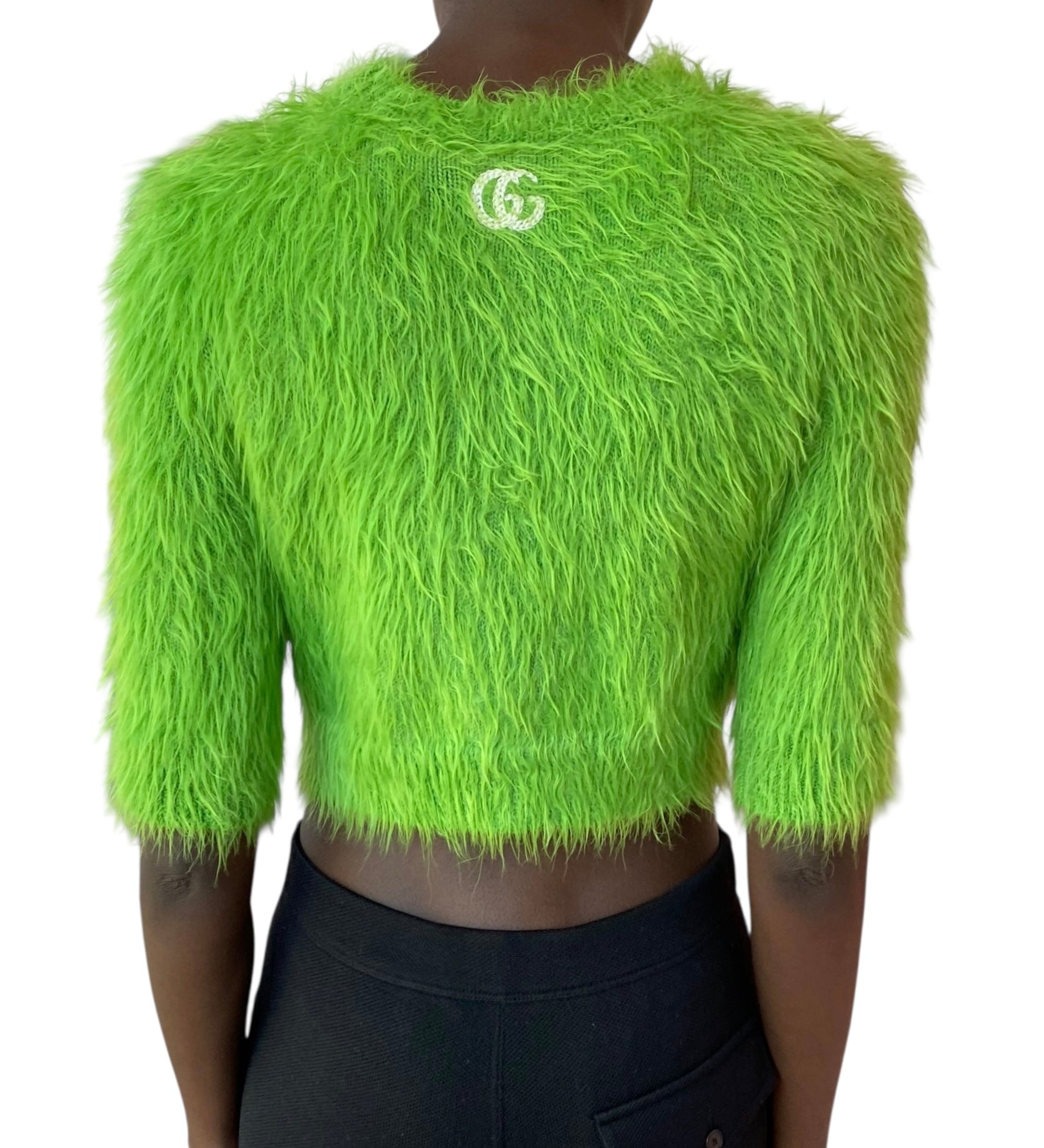 Gucci Green Faux Fur Cropped Knit Sweater - XS