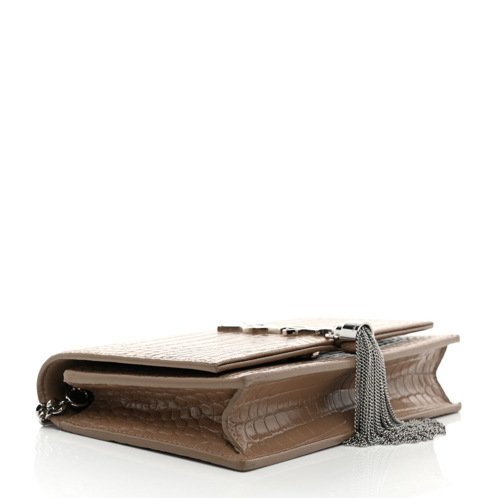 Calfskin Crocodile Embossed Small Classic Monogram Kate Tassel Satchel Dark Beige