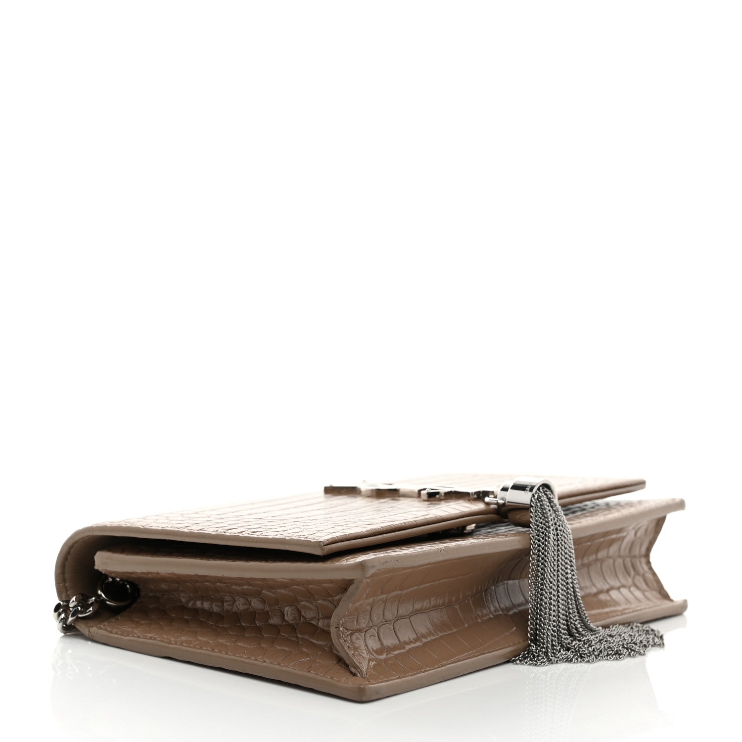 Calfskin Crocodile Embossed Small Classic Monogram Kate Tassel Satchel Dark Beige