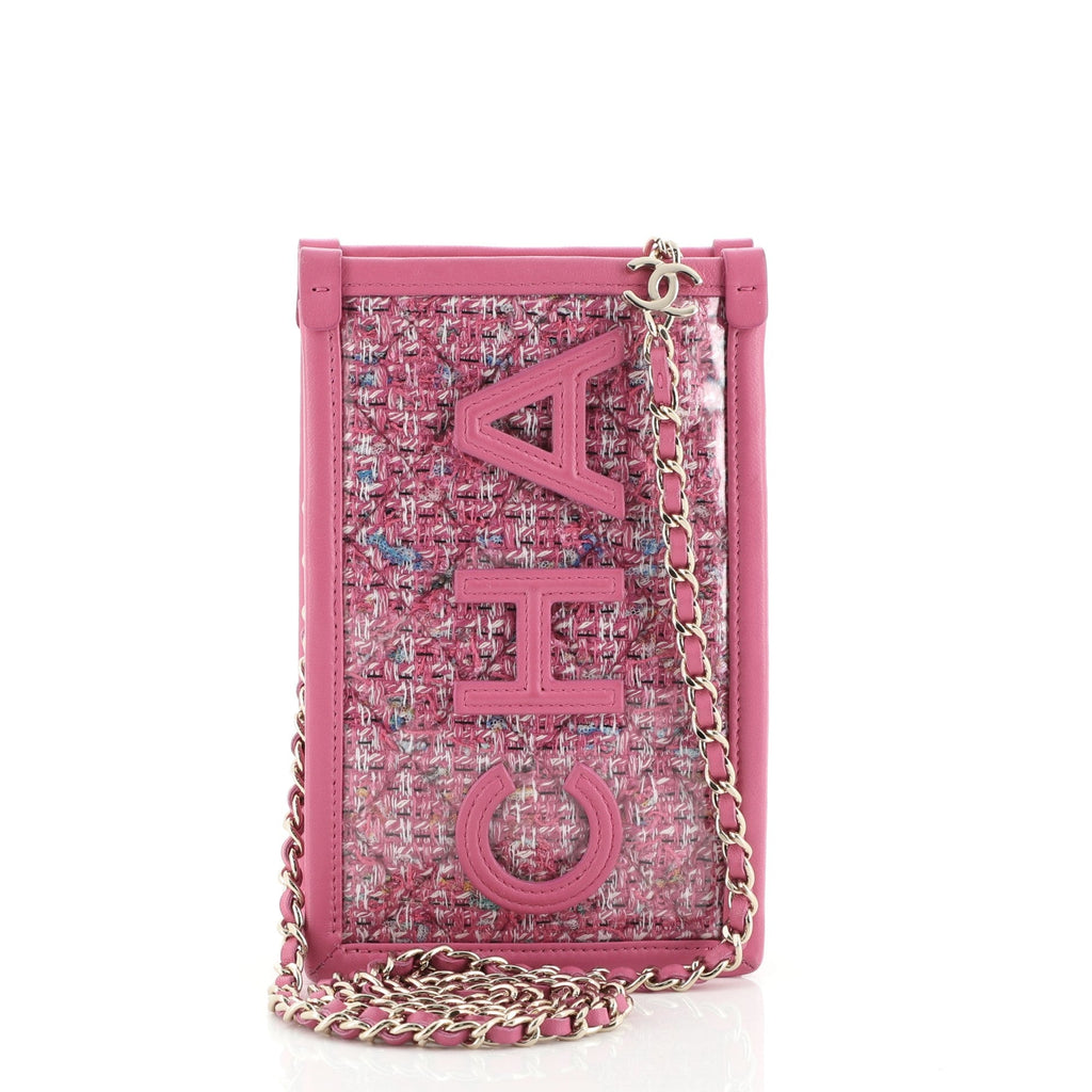 Logo Phone Clutch with Chain PVC Over Quilted Tweed