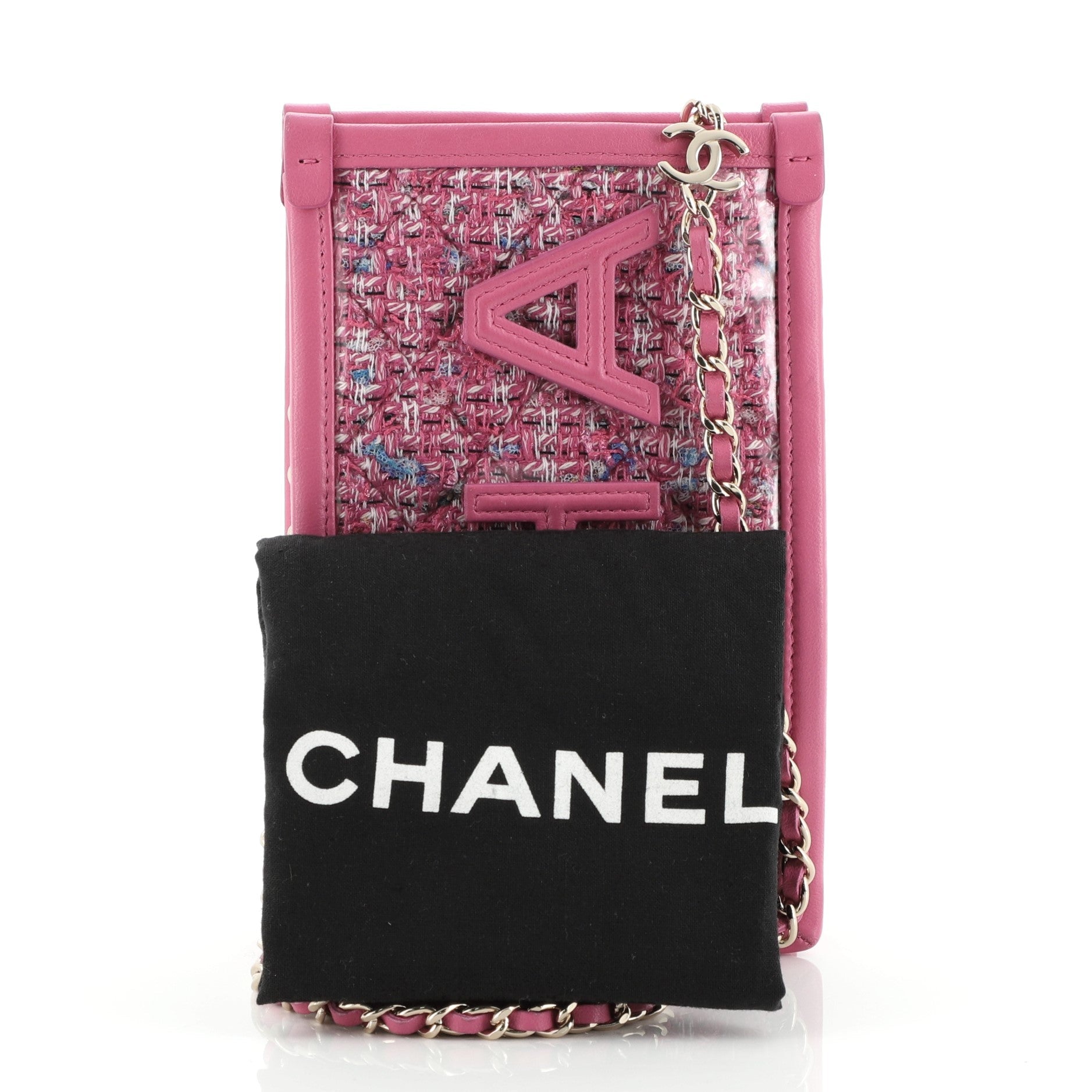 Logo Phone Clutch with Chain PVC Over Quilted Tweed