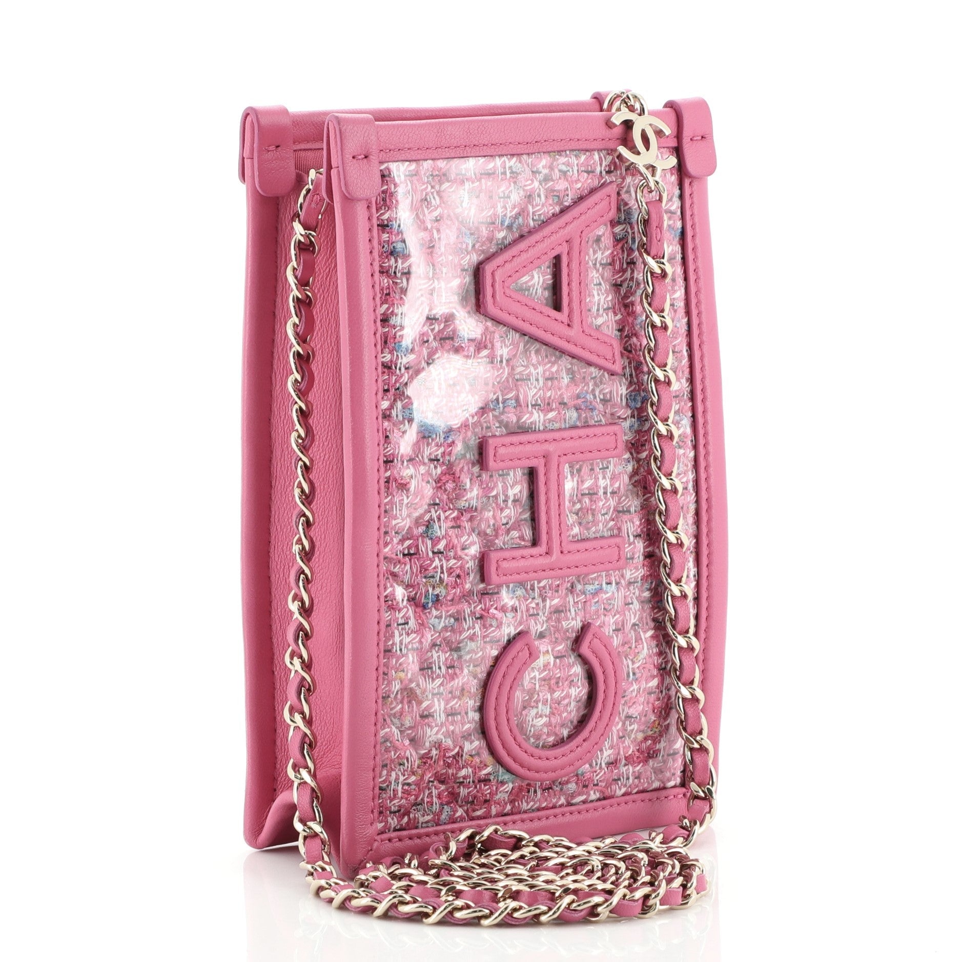 Logo Phone Clutch with Chain PVC Over Quilted Tweed