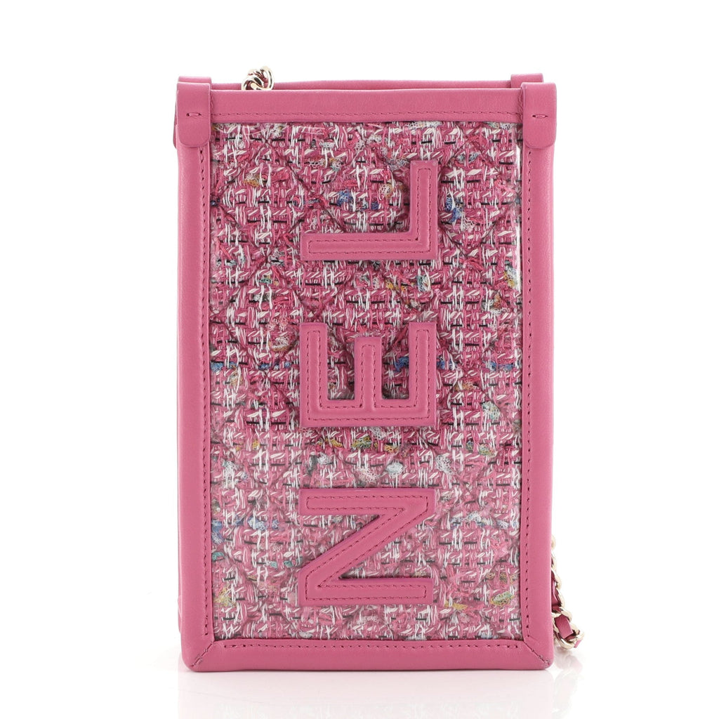 Logo Phone Clutch with Chain PVC Over Quilted Tweed