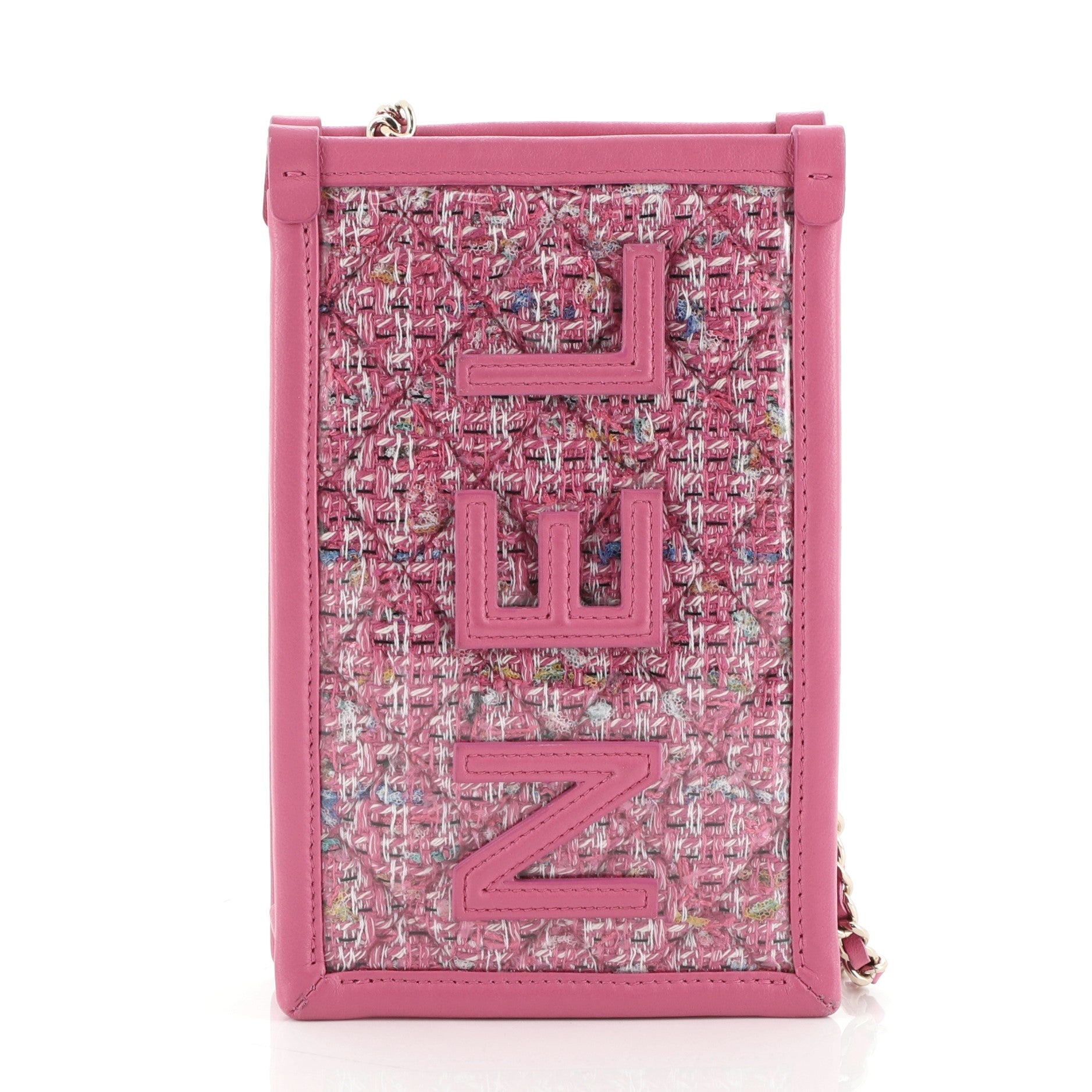 Logo Phone Clutch with Chain PVC Over Quilted Tweed