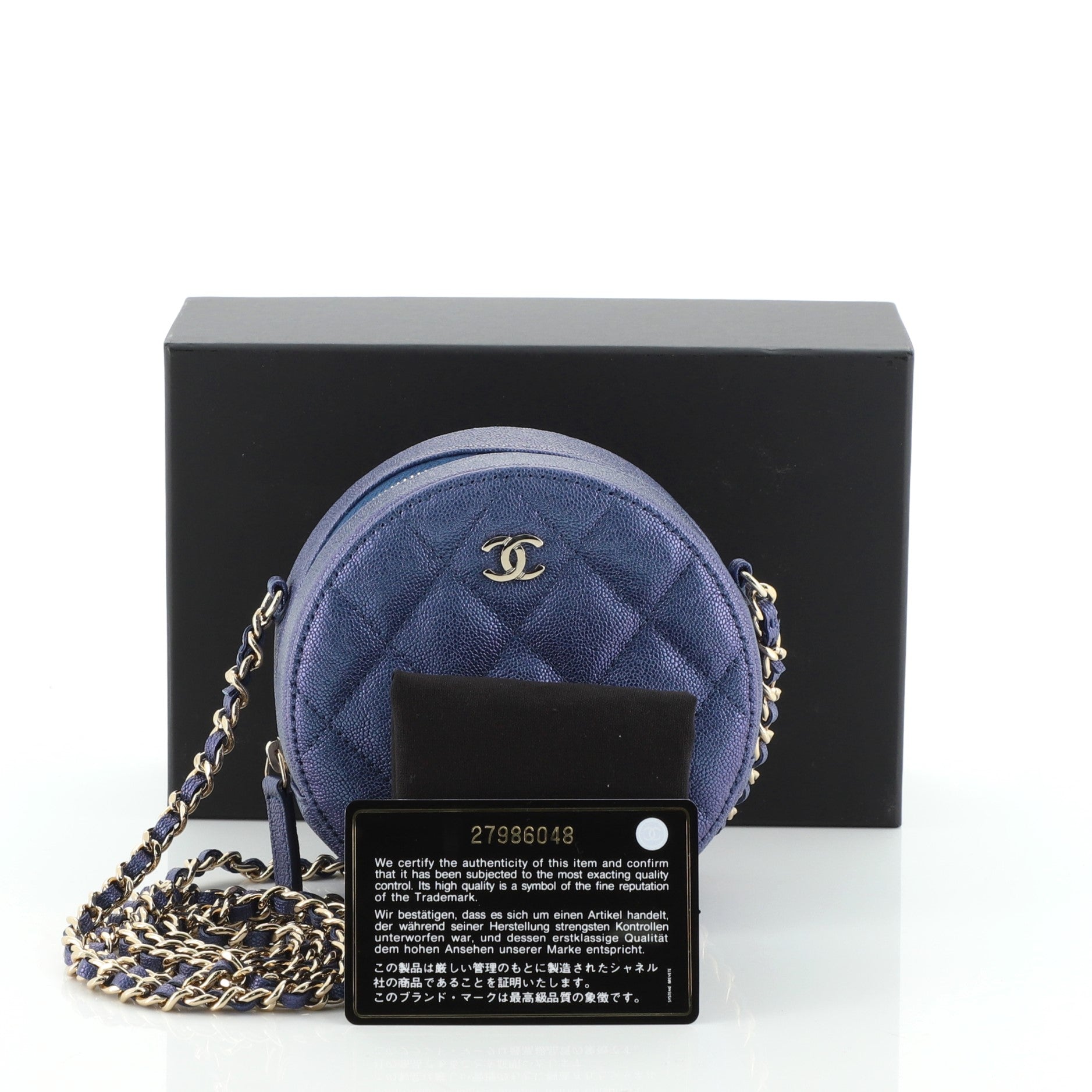 Round Clutch with Chain Quilted Iridescent Caviar Mini
