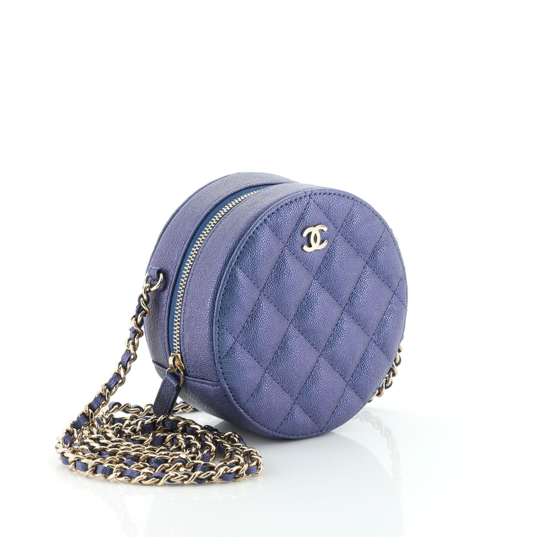 Round Clutch with Chain Quilted Iridescent Caviar Mini