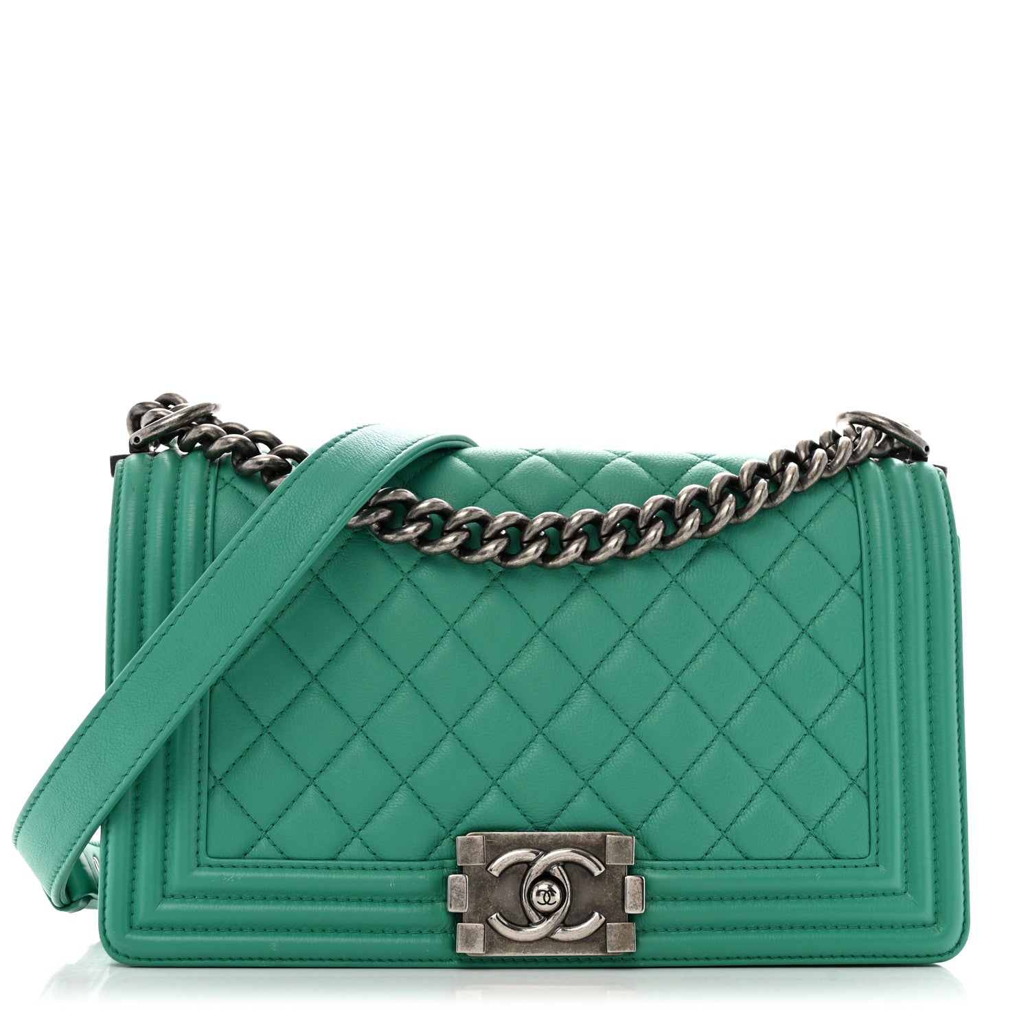 Calfskin Quilted Medium Boy Flap Turquoise