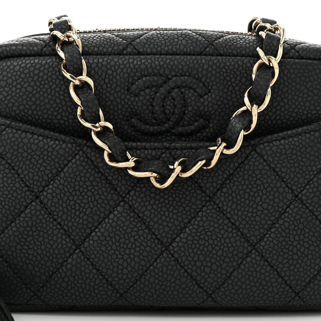 Iridescent Caviar Quilted Mini Coco Tassel Camera Case Black