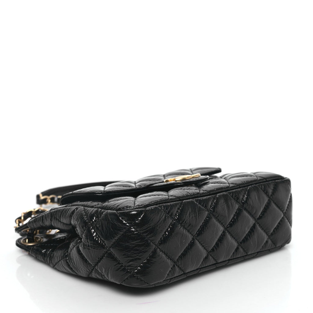 Shiny Crumpled Calfskin Quilted Small Wavy CC Hobo Black